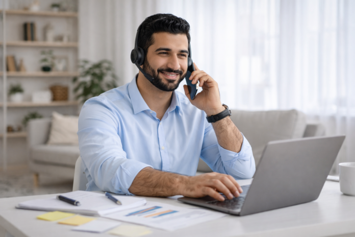 موظف مبيعات وتسويق يعمل عن بُعد ويتواصل مع العملاء عبر الهاتف باستخدام الحاسب المحمول