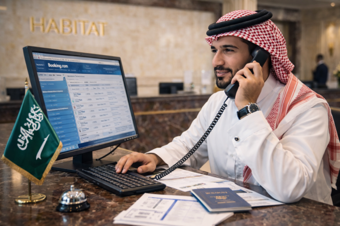موظف حجوزات سعودي يعمل على إدارة الحجوزات الفندقية عبر منصة Booking.com ويتواصل مع العملاء داخل فندق في جدة