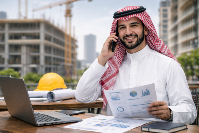 "مندوب مبيعات وتسويق سعودي يعمل في مجال المقاولات العامة، يتواصل مع العملاء في موقع مشروع إنشائي ويعرض خدمات التشطيبات والمقاولات بنظام العمولة"
