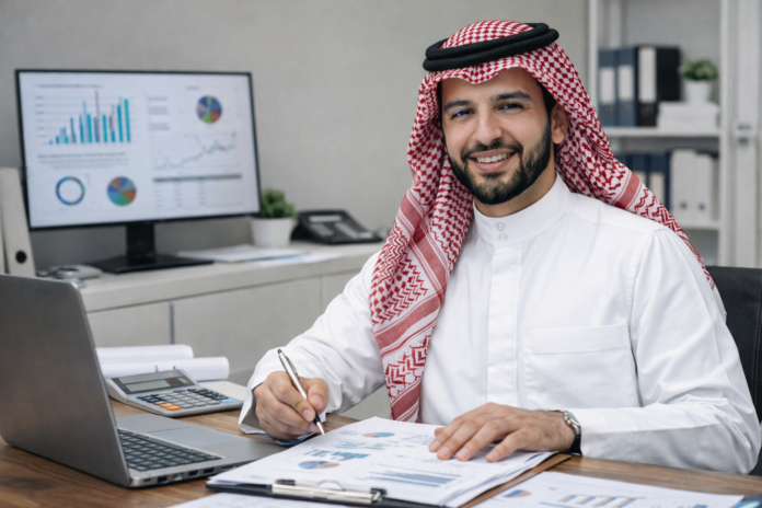 ChatGPT Image Jan 22, 2026, 03_33_36 AM محاسب أول سعودي يعمل في مكتب إداري ويحلل التقارير المالية ويستخدم أنظمة المحاسبة لإعداد الميزانيات في الرياض