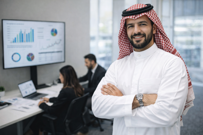 مدير مبيعات في الرياض يقود فريق المبيعات ويضع استراتيجيات النمو مدير مبيعات سعودي يقود فريق المبيعات داخل مكتب حديث ويحلل تقارير الأداء لتحقيق نمو الإيرادات في الرياض